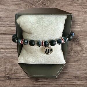 Bomb Party BP Beaded Stretch Bracelet - Black Gray Red - Rhodium Plated
